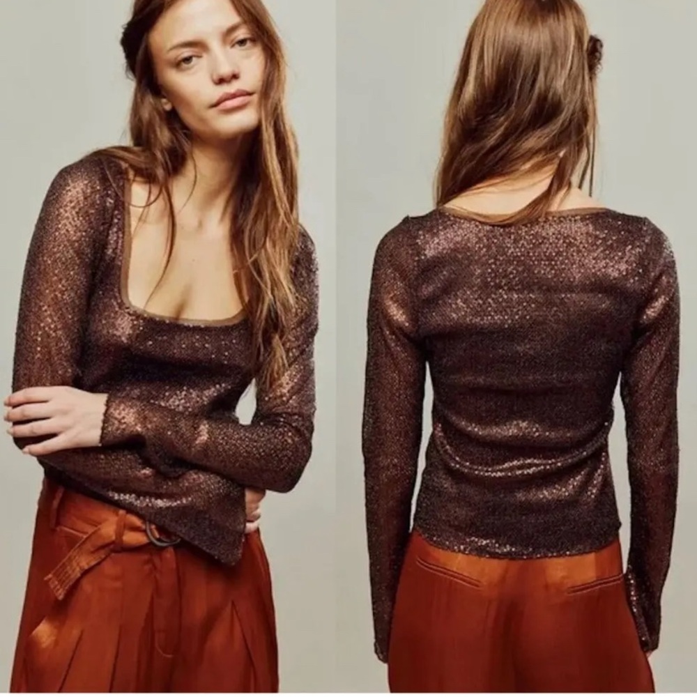 New! Free People Late Night Disco Glitter Sequin Layering Top Bronze Brown S